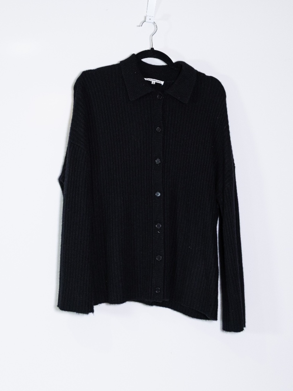 Reformation Fantino Cashmere Ribbed Knit Stretch Collared Cardigan Sweater Black